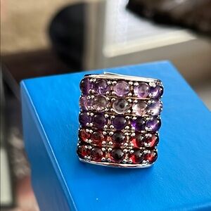 Elegant Sterling Silver, Amethyst and Garnet Cabochon Gemstone Ring